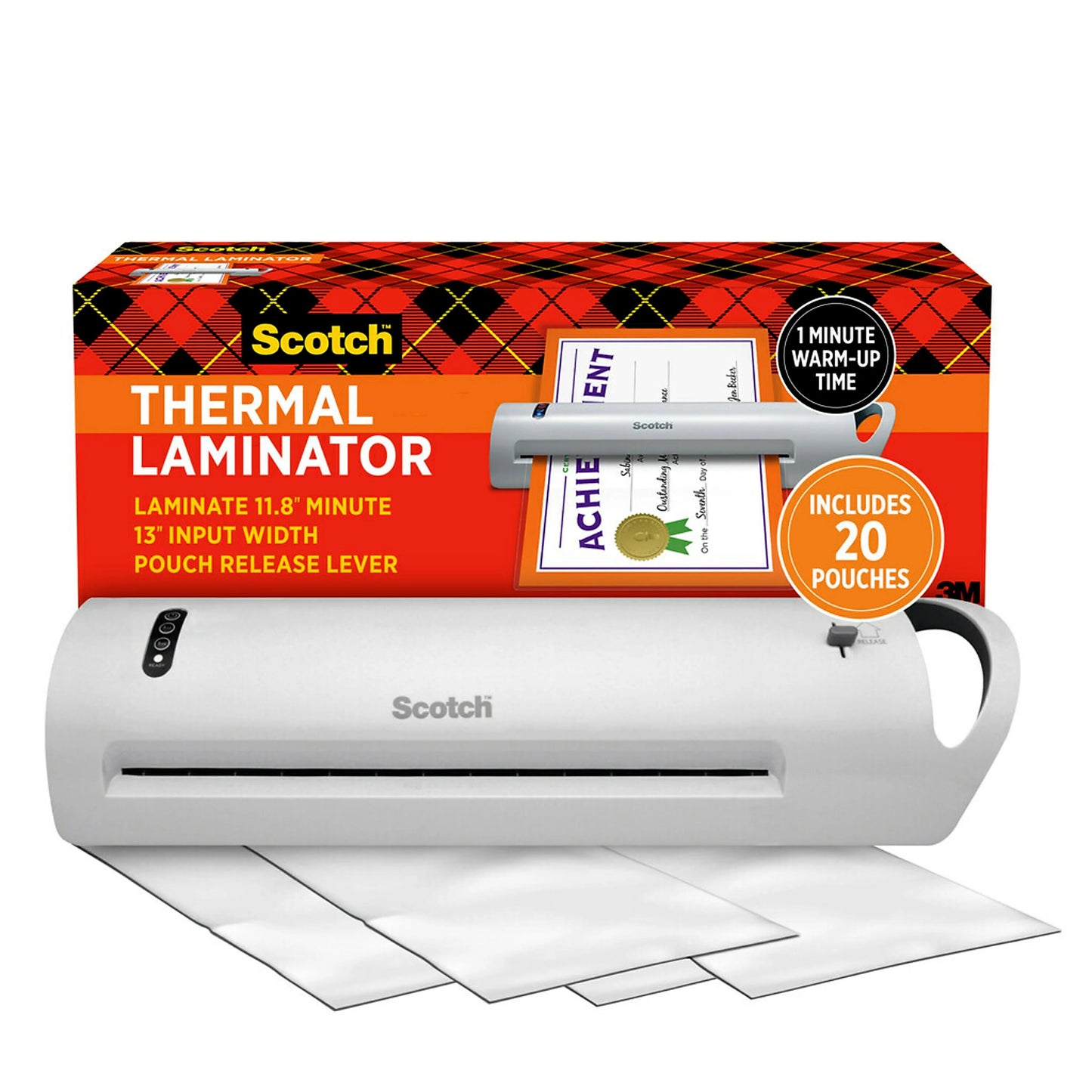 Scotch® Thermal Laminator TL1302XVP, 13" Width, 5 mil Thickness, 1 Thermal Laminator with 20 Letter Size Pouches