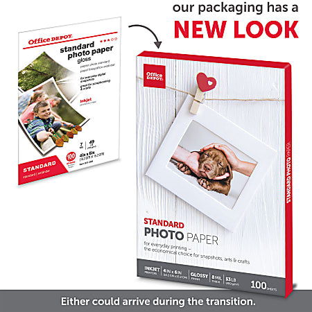 Office Depot® Brand Standard Photo Paper, Glossy, 4" x 6", White, Pack Of 100 Sheets
