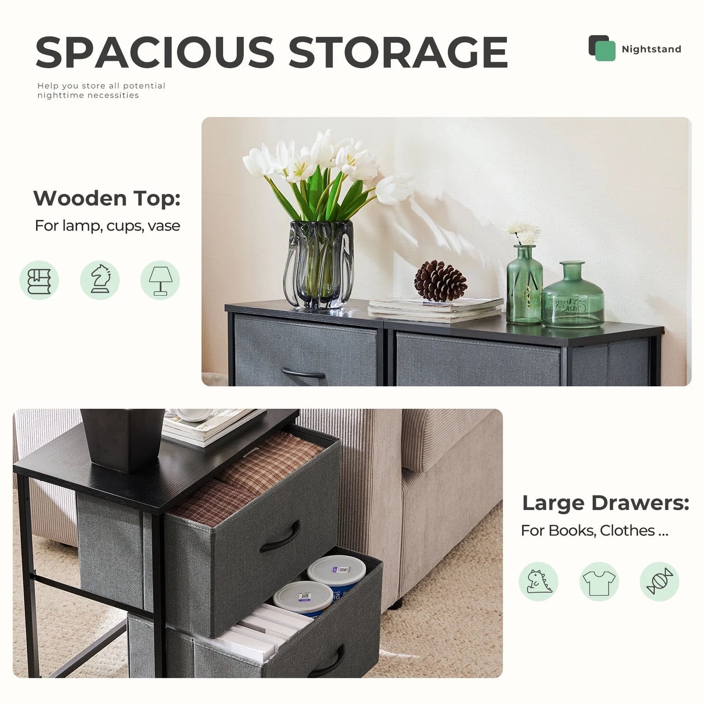 CONCETTA 2-Drawer Dresser Set of 2, Fabric Storage Nightstand for Bedroom, Living Room
