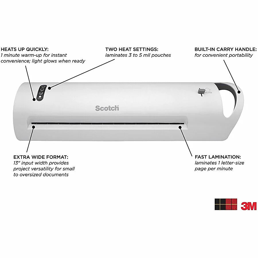 Scotch® Thermal Laminator TL1302XVP, 13" Width, 5 mil Thickness, 1 Thermal Laminator with 20 Letter Size Pouches