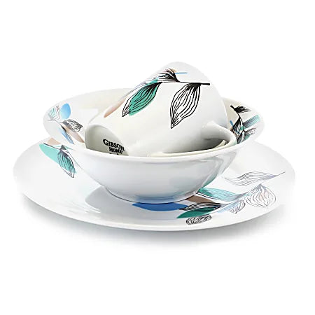 Gibson Home Vineyard Blue 12-Piece Round Fine Ceramic Dinnerware Set, White